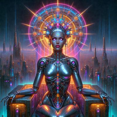 The primary subject of the image is a woman, who is the main focus of the scene. She is sitting on a chair, which is the setting for the background. The visual style of the image is digital art, as it is a colorful and detailed illustration. The colors and mood of the image are vibrant and lively, with a strong emphasis on the woman's unique appearance.